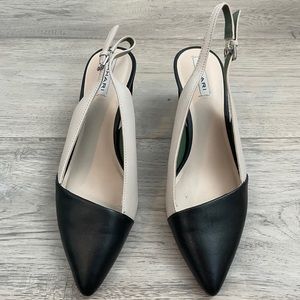 Tahari black and nude sling back slide on shoes